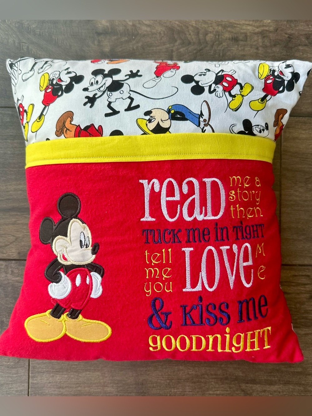 Handmade Mickey Mouse Reading Pocket Pillow - Embroidered Storytime Cushion